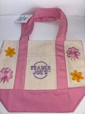 NEW Unique Designs Sewn on Embroidered Colorful Flower Trader Joe Mini Tote Pink